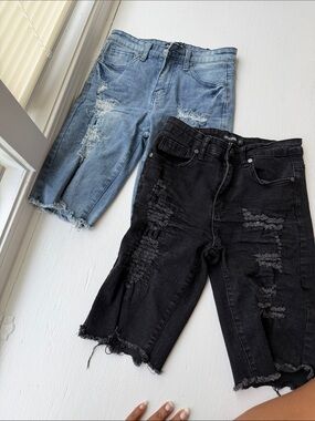 Kids Distressed Denim Bermuda Shorts - Light Blue & Black